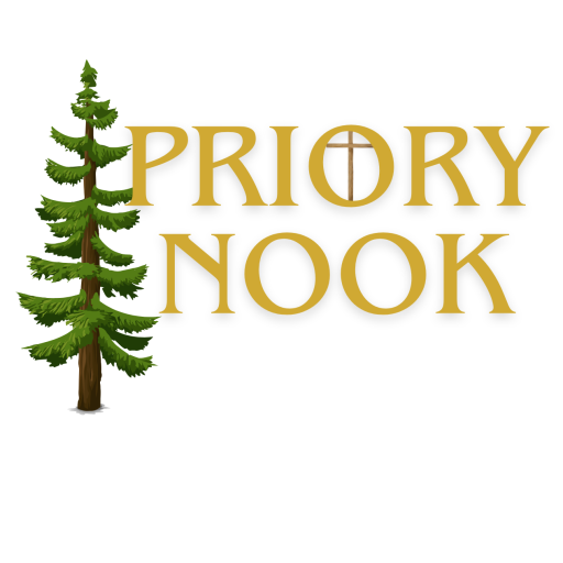 logo showing a pine tree and the words 'Priory Nook' in yellow with a cross in the 'O' of 'Priory'.